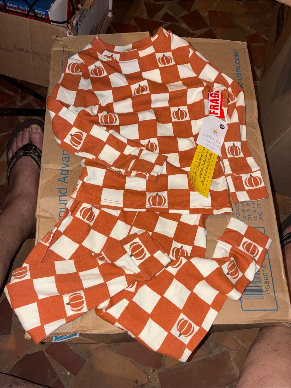 LC Lauren Conrad Orange and Cream Checkerboard Pumpkin Pajama Set